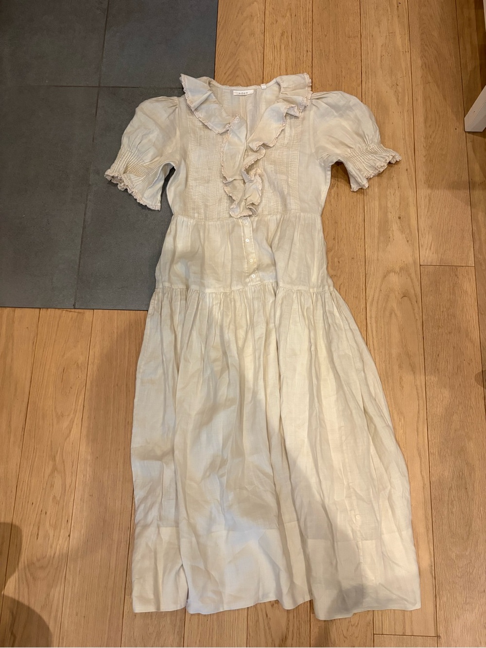 Doen Poet Cream Ruffle-Front Ramie Cotton Midi Dress